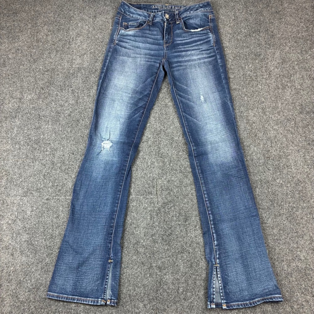 American Eagle Skinny Kick Jeans Womens 4 Regular Blue Super Stretch Split Hem